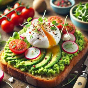  A delicious avocado toast on a slice of toasted whole grain bread. The mashed avocado is spread evenly on top, seasoned with salt, pepper, and a drizzle of olive oil