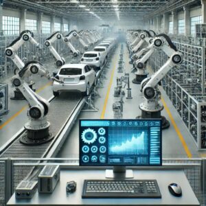 Image of a modern manufacturing plant with AI-powered robots